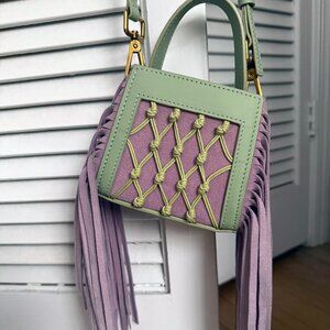 PIPATCHARA Mini Fringe Bag Purple Green Suede Leather RARE Sculptural Crossbody!